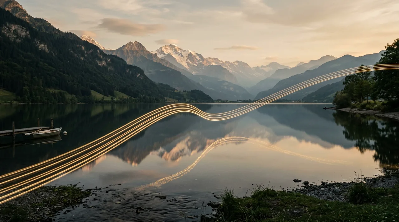 Bergsee in der Morgendämmerung, durchzogen von einem feinen goldenen Lichtfaden