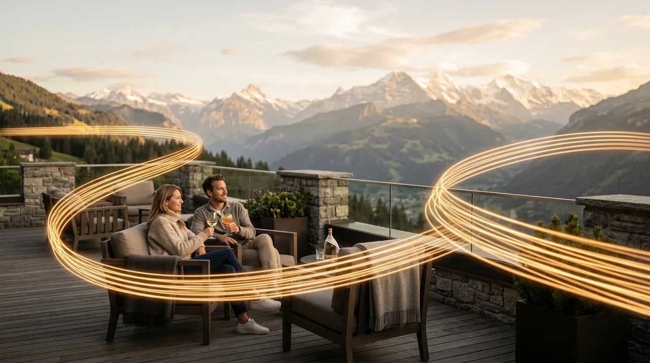 Gäste auf einer Hotelterrasse, verbunden durch den goldenen Faden