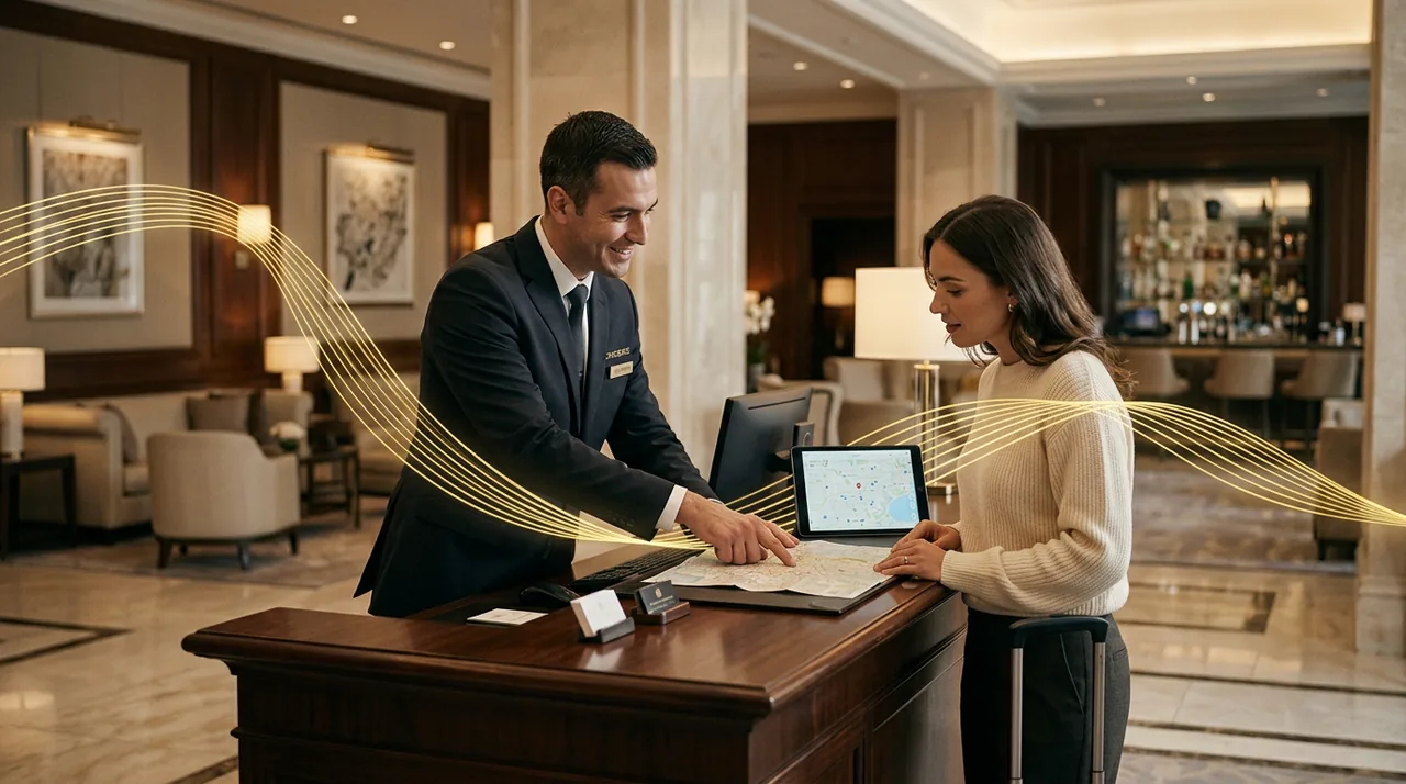 Concierge im Gespräch mit Gästen, begleitet vom goldenen Faden